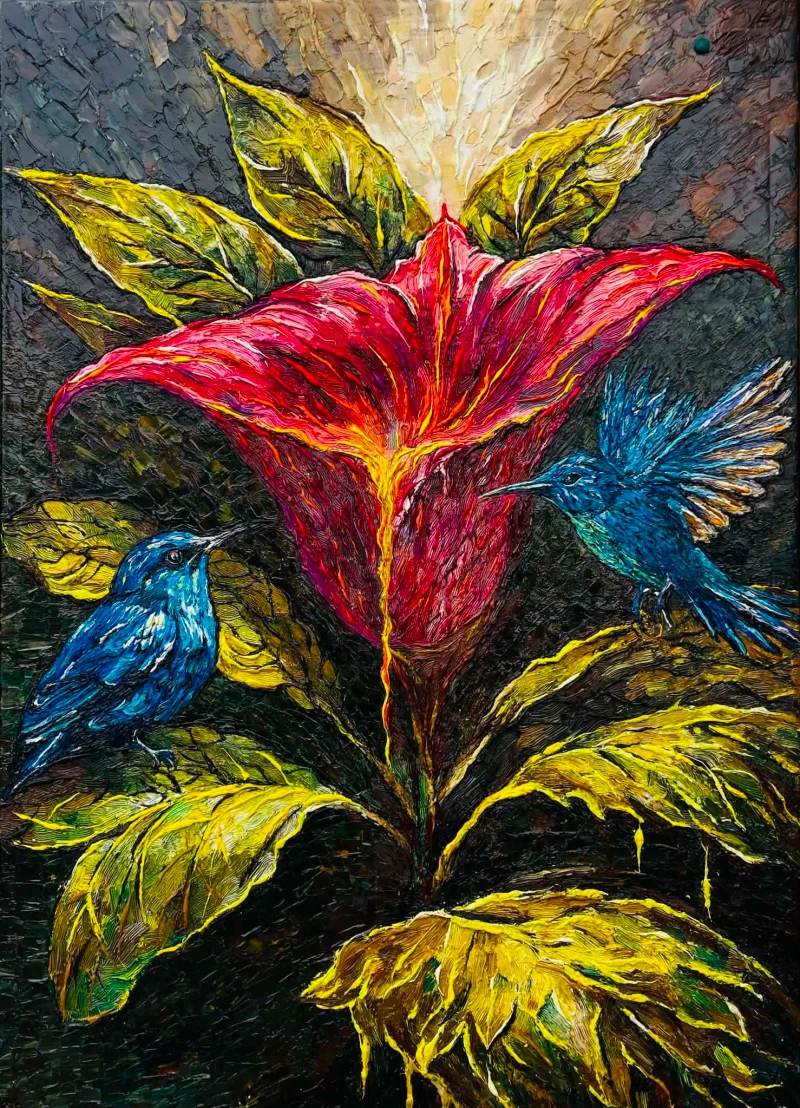Ptak i kwiat w barwnej kompozycji impasto — Nektar światła, obraz olejny impasto