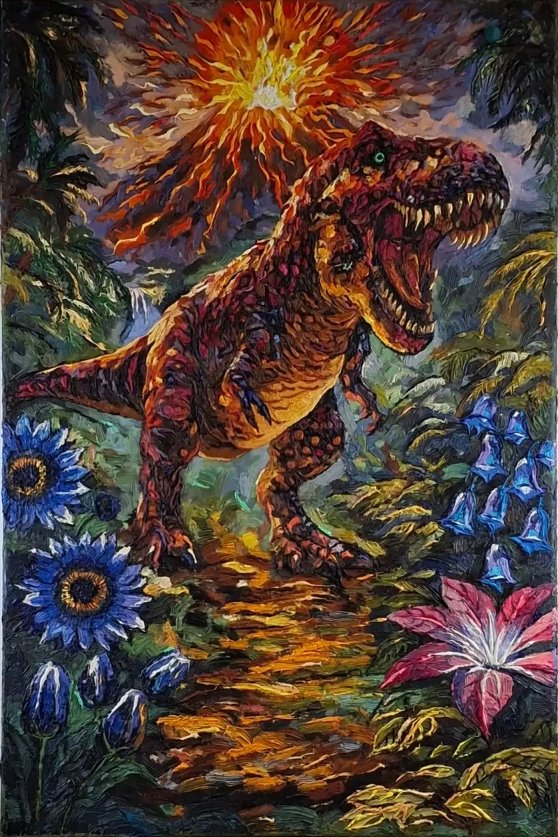 T-Rex z otwartą paszczą w prehistorycznym krajobrazie — T-Rex, obraz olejny impasto
